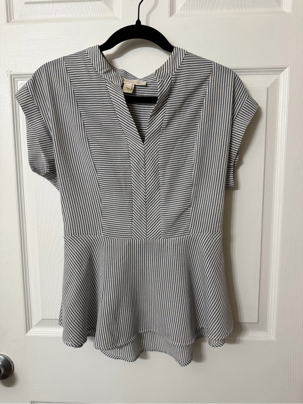 Striped Peplum V-Neck Blouse in Black and White